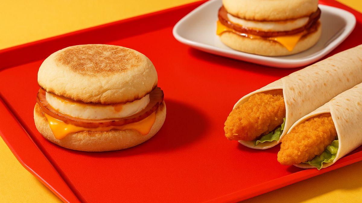 McDonald’s Spicy McMuffin and Snack Wrap on a red breakfast tray
