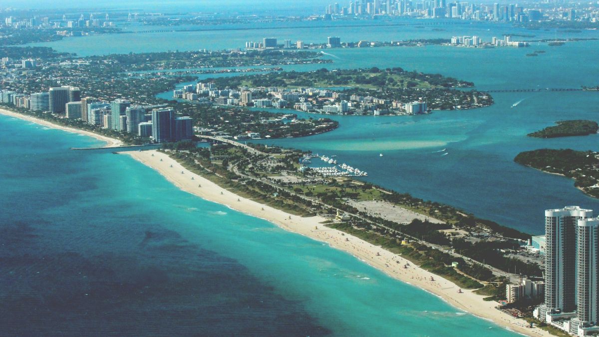 Aerial view of Miami Beach coastline and city skyline