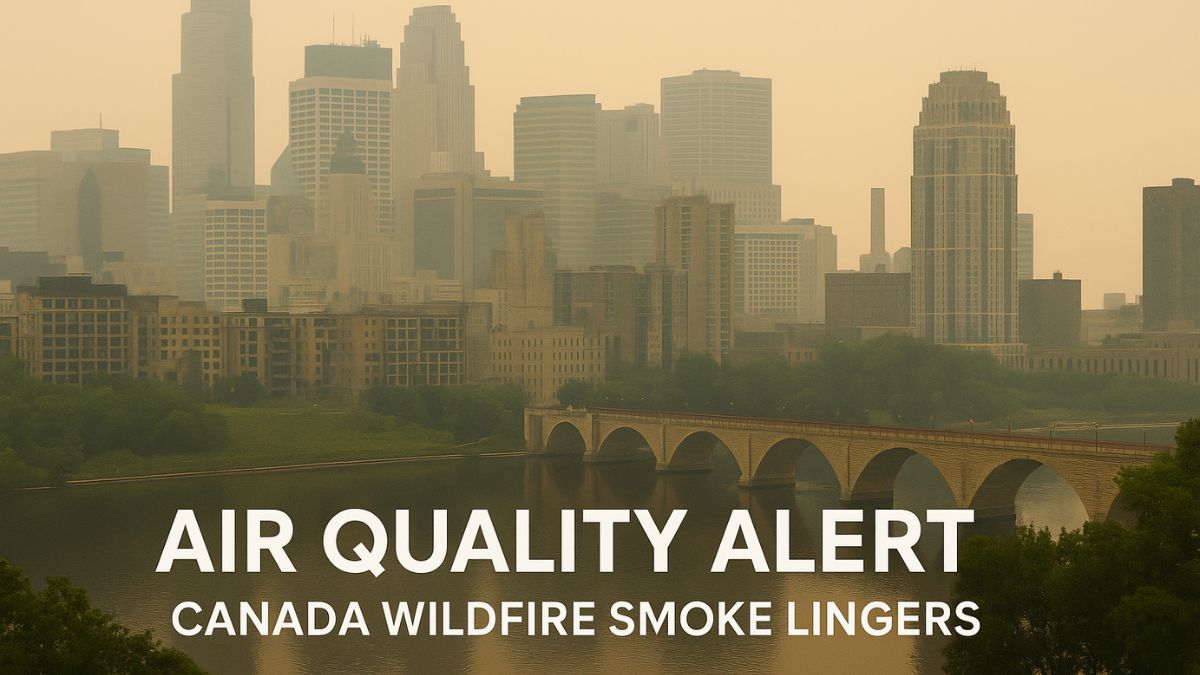 Hazy Minneapolis skyline under smoky skies due to Canadian wildfire smoke