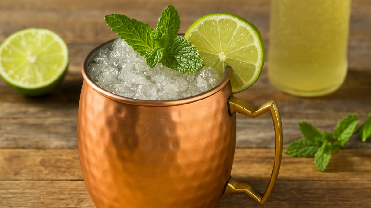 Chilled Moscow Mule served in a copper mug with lime and mint
