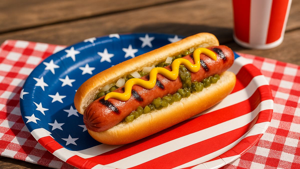 Grilled hot dog with mustard and relish on patriotic plate for National Hot Dog Day 2025