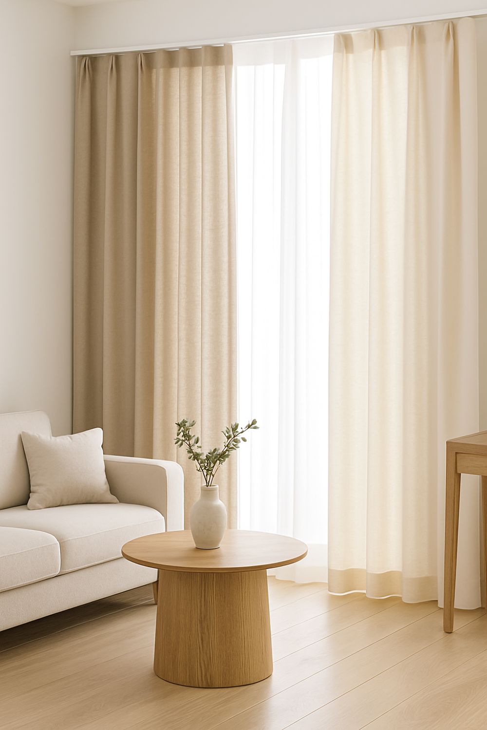 Neutral linen curtains hanging in a modern living room with soft sunlight filtering through