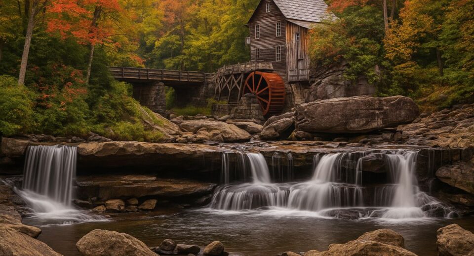 Autumn waterfall and historic gristmill in North Carolina