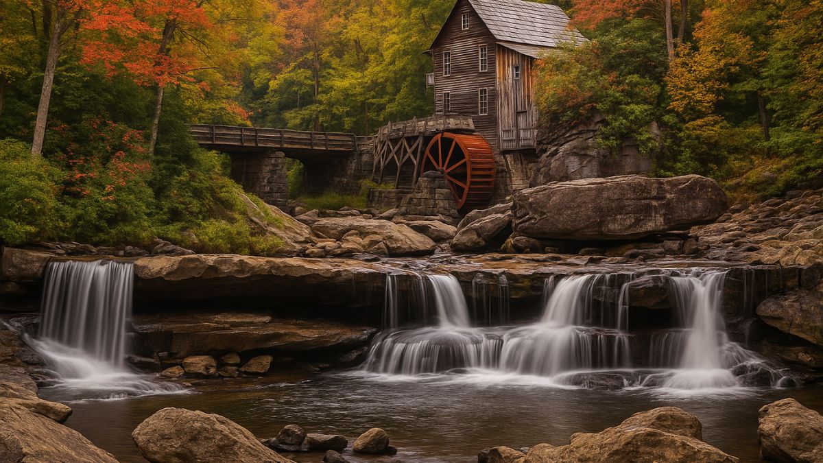 Autumn waterfall and historic gristmill in North Carolina
