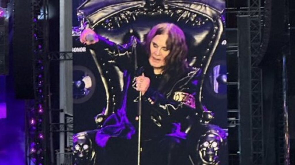 Ozzy Osbourne performs seated on a gothic black throne during Black Sabbath’s final concert