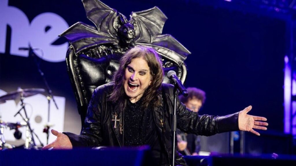 Ozzy Osbourne seated on stage during his final performance in Birmingham, July 2025