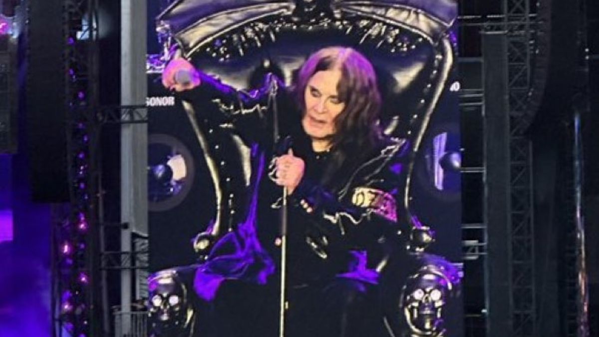 Ozzy Osbourne performs seated on a gothic black throne during Black Sabbath’s final concert