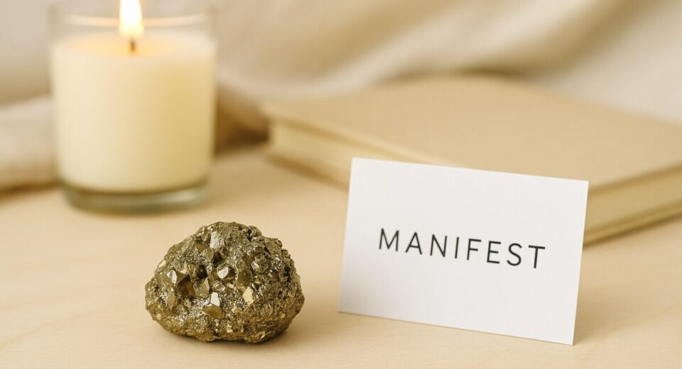 Raw Pyrite stone on a desk beside a candle and affirmation card