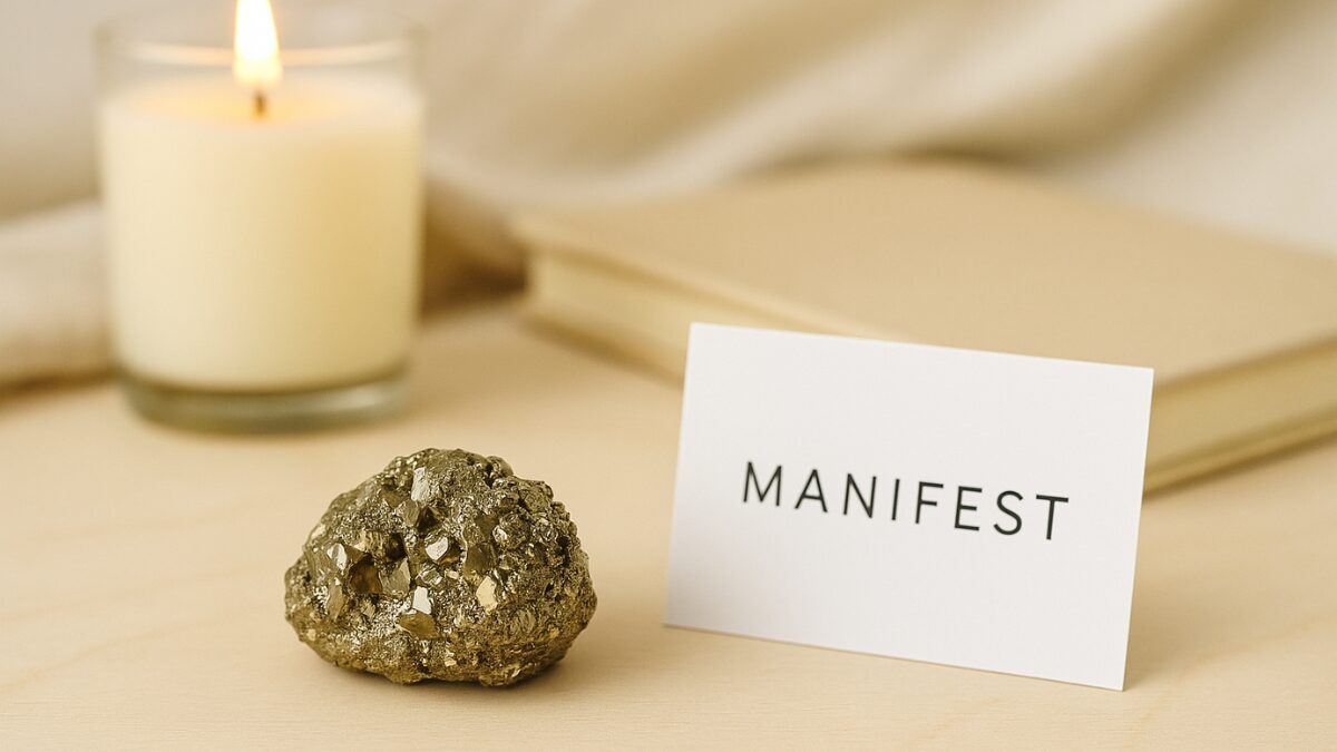 Raw Pyrite stone on a desk beside a candle and affirmation card