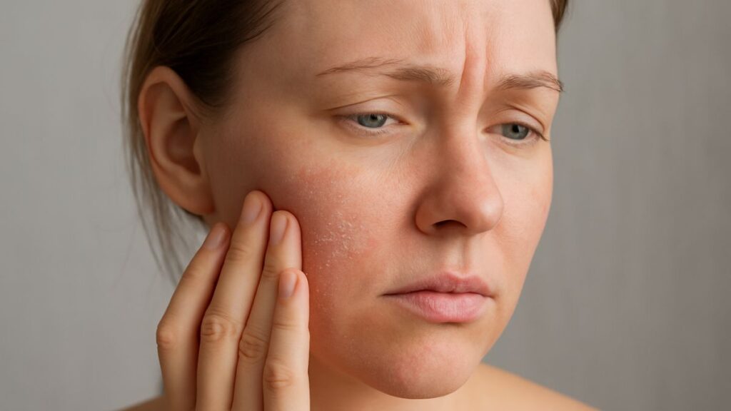 Woman with dry, irritated skin from retinol use