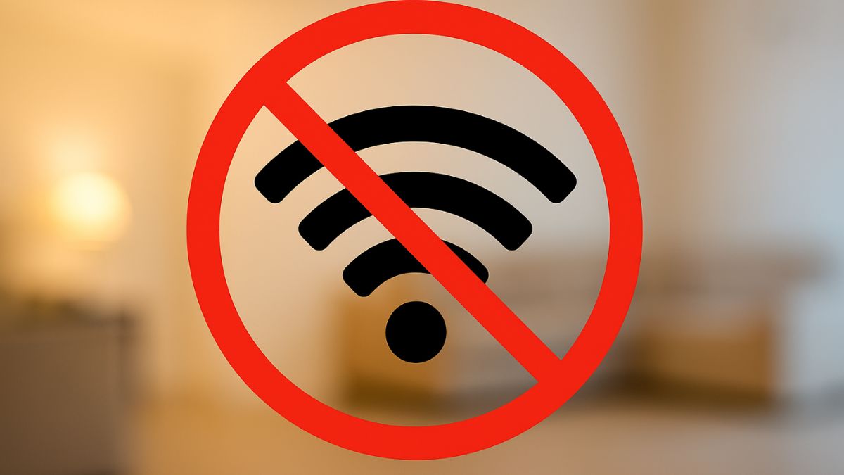 No Wi-Fi symbol over a blurred indoor background