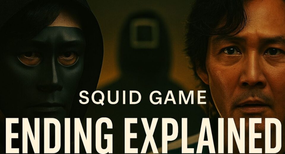 Lee Byung-hun and Lee Jung-jae face off with Cheol in background under bold Squid Game Ending Explained title