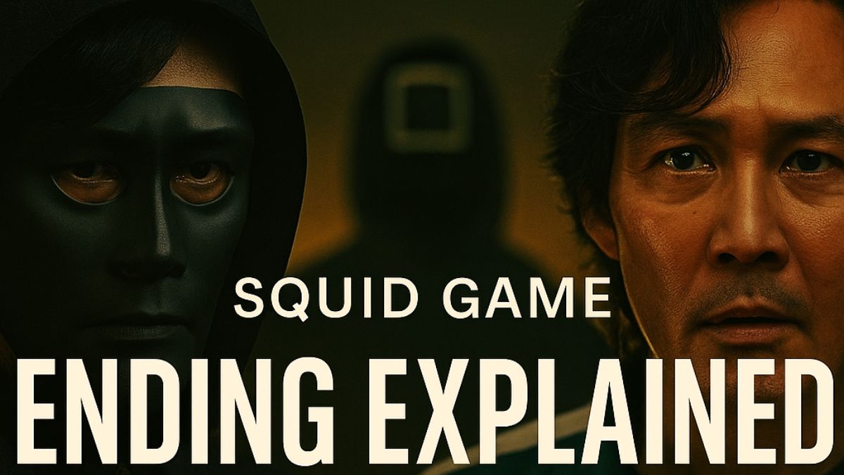 Lee Byung-hun and Lee Jung-jae face off with Cheol in background under bold Squid Game Ending Explained title