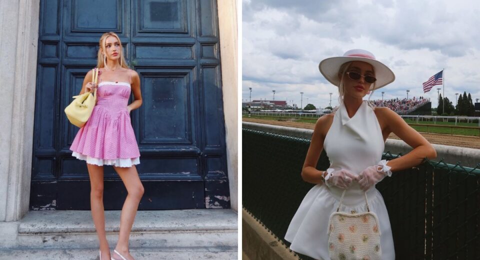 Taylor Fritz’s girlfriend Morgan Riddle showcasing her signature tennis tour fashion in two iconic outfits.