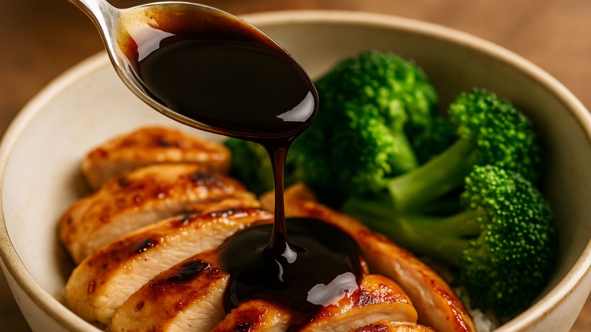 Glossy homemade teriyaki sauce being poured over grilled chicken