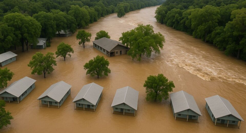 Flood damage at Camp Mystic in Kerr County, Texas after deadly flash flood