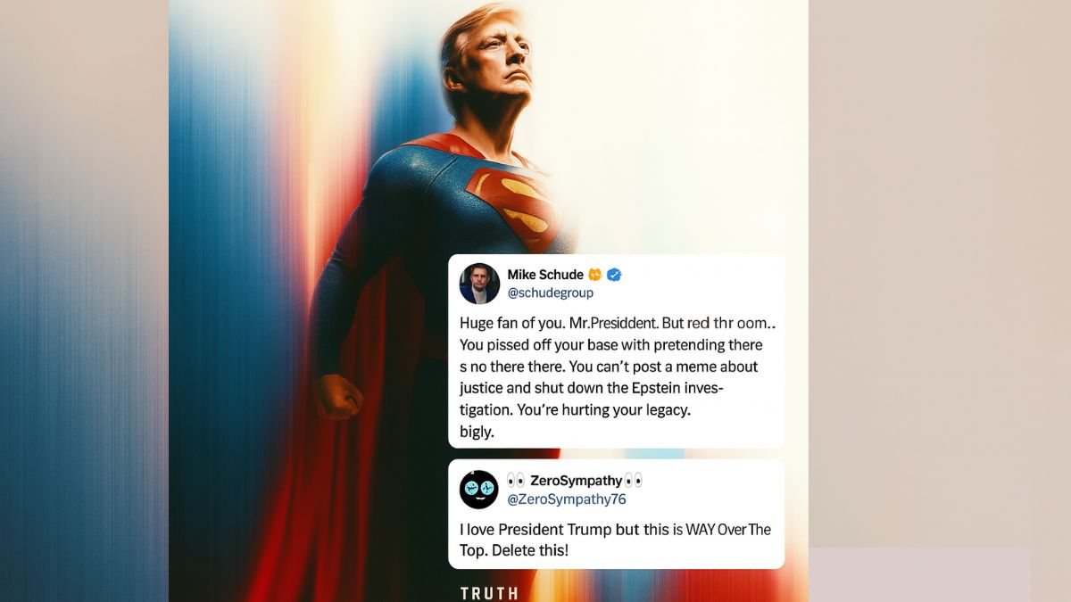 Donald Trump depicted as Superman with critical tweets calling the meme over the top