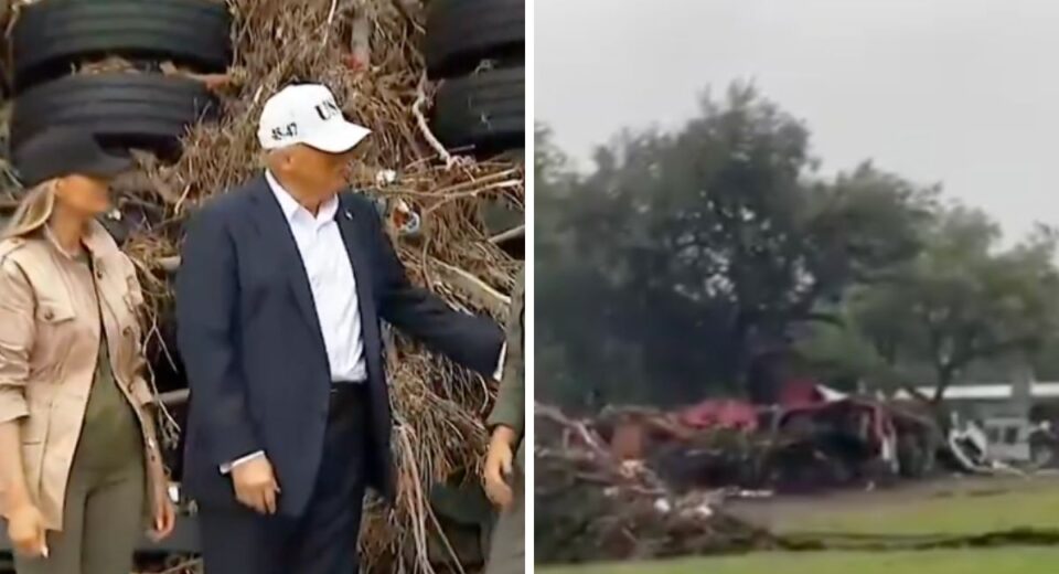 President Donald Trump and Melania Trump visit Texas flood disaster zone with debris and damage in background