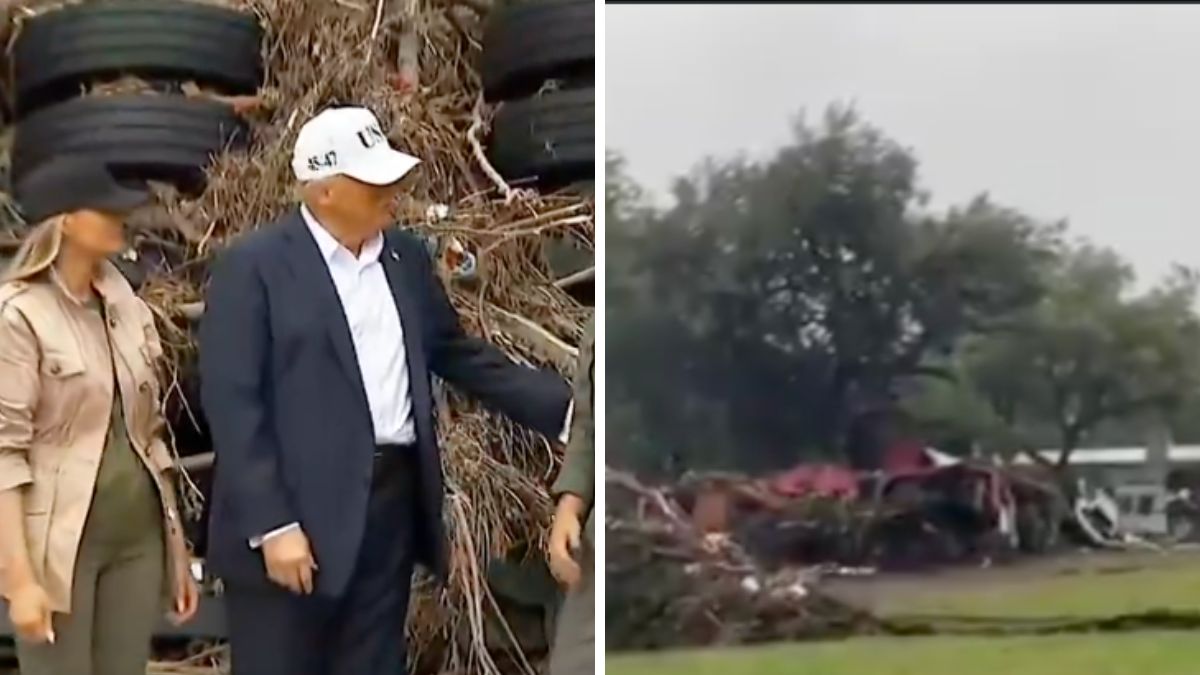 President Donald Trump and Melania Trump visit Texas flood disaster zone with debris and damage in background