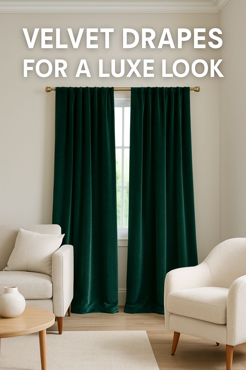 Deep emerald green velvet curtains hanging in a modern living room with gold curtain rod and neutral furniture