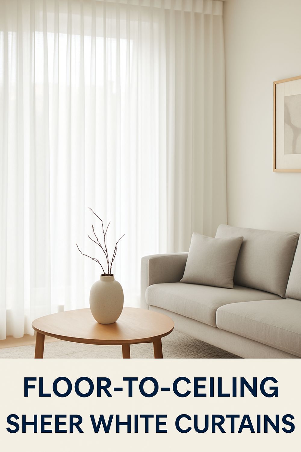 Floor-to-ceiling sheer white curtains in a modern living room with soft natural light