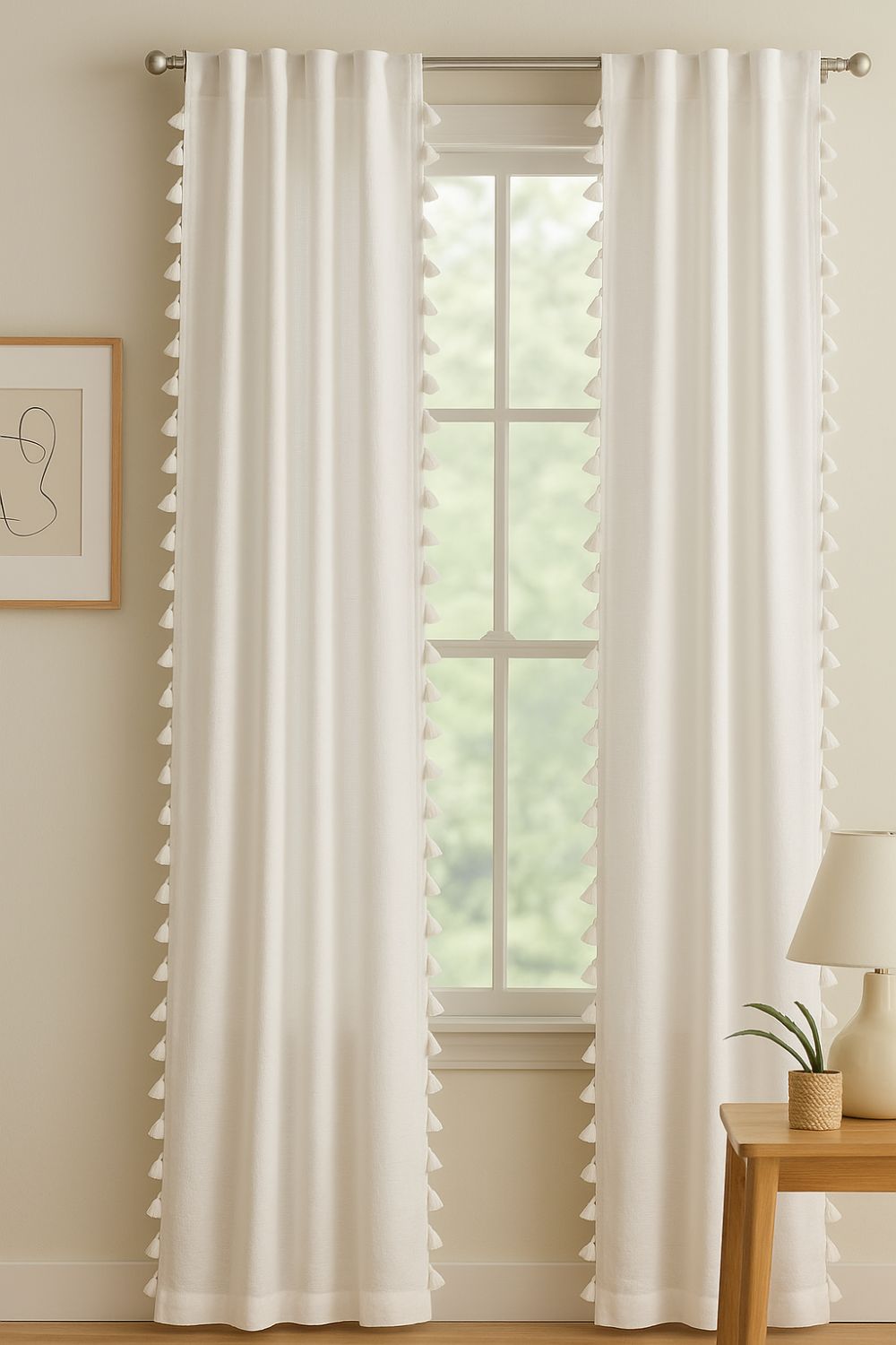 White living room curtains with tassel trim on a window