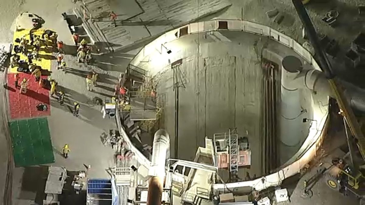 Firefighters and rescue workers at the Wilmington tunnel collapse site in Los Angeles