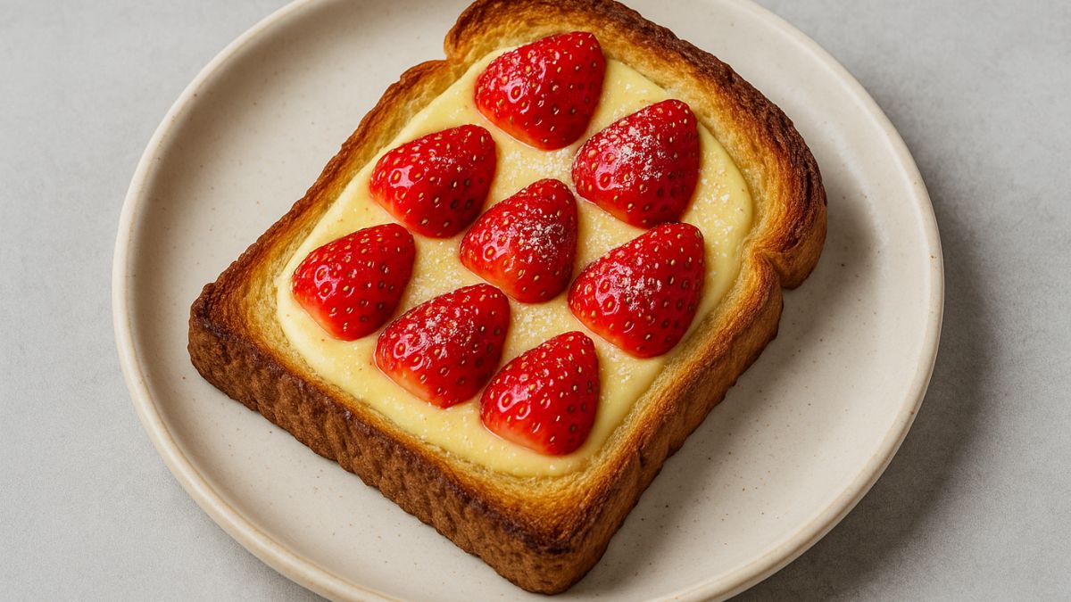 A digital photograph showcases a single slice of yogurt custard toast topped with halved strawberries on a ceramic plate.