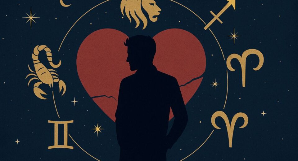 Zodiac signs known for being womanizers illustrated with broken heart and astrological symbols