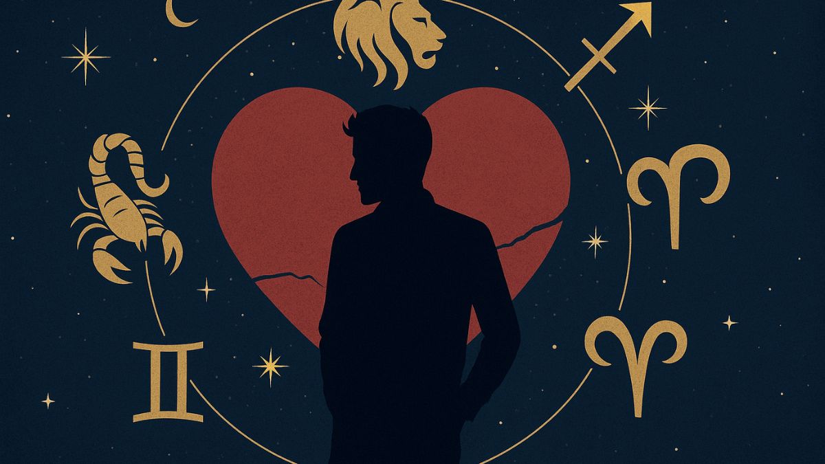 Zodiac signs known for being womanizers illustrated with broken heart and astrological symbols