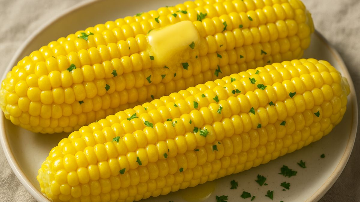 Boiled corn on the cob with melted butter and fresh herbs