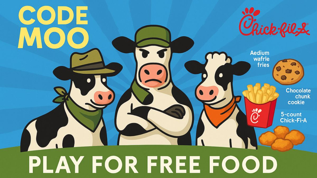 Chick-fil-A Code Moo game promotional image with cows and food rewards