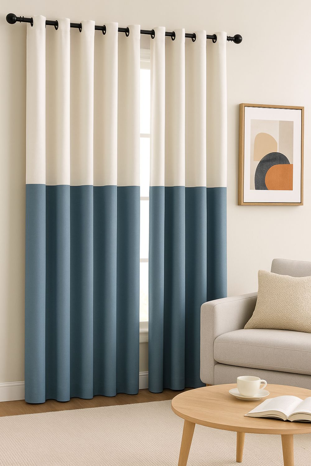 Two-tone color block curtains in a modern living room with neutral decor