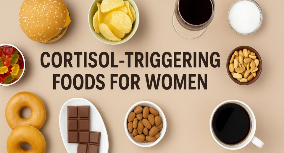 Flat lay of cortisol-triggering foods for women including coffee, donuts, wine, chocolate, and chips