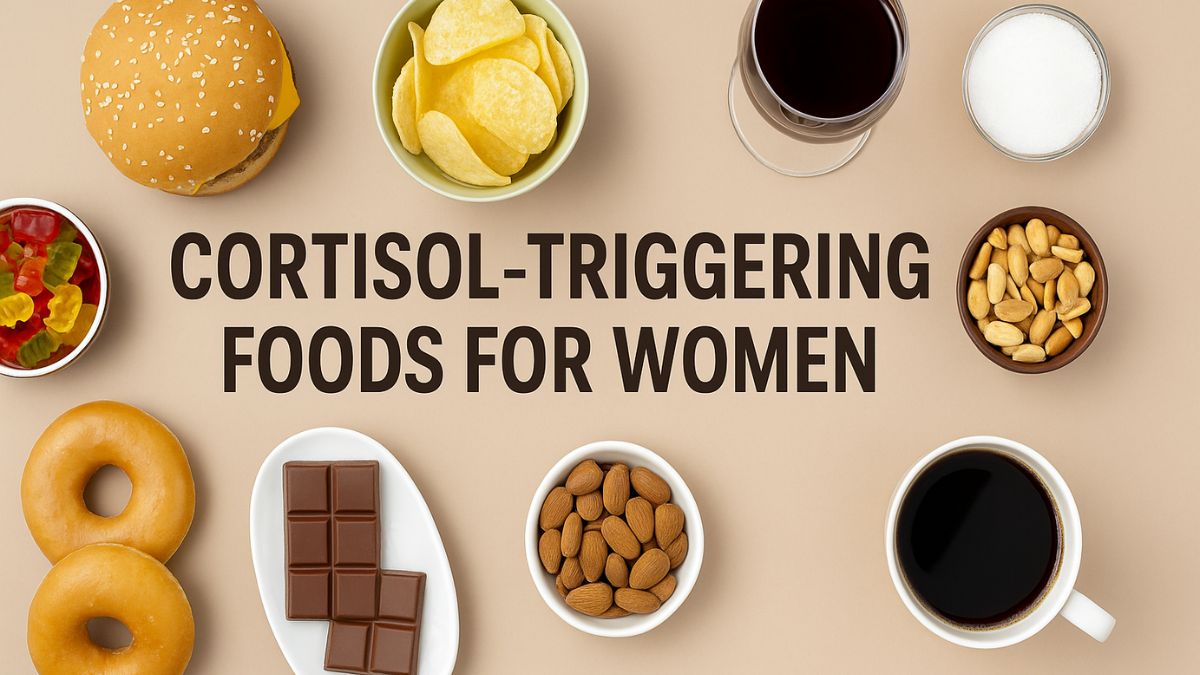 Flat lay of cortisol-triggering foods for women including coffee, donuts, wine, chocolate, and chips