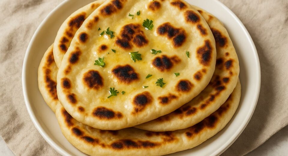 Fresh homemade naan bread stacked on a plate with garlic butter