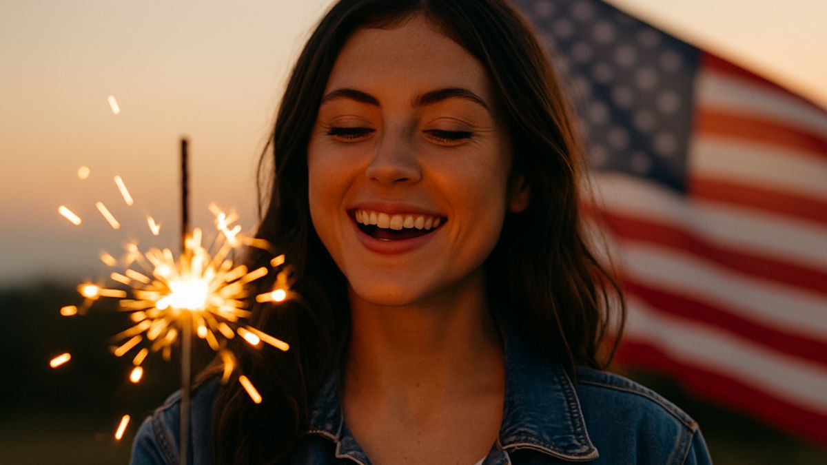 Woman holding a sparkler during 4th of July celebration at sunset