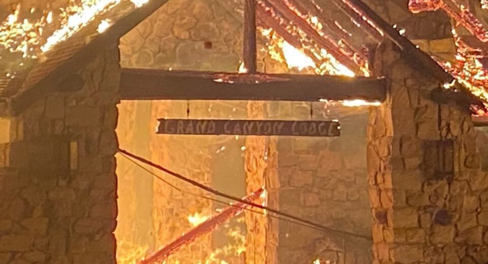 Flames engulf the historic Grand Canyon Lodge at the North Rim during the Dragon Bravo Fire
