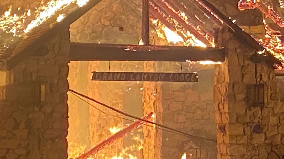 Flames engulf the historic Grand Canyon Lodge at the North Rim during the Dragon Bravo Fire
