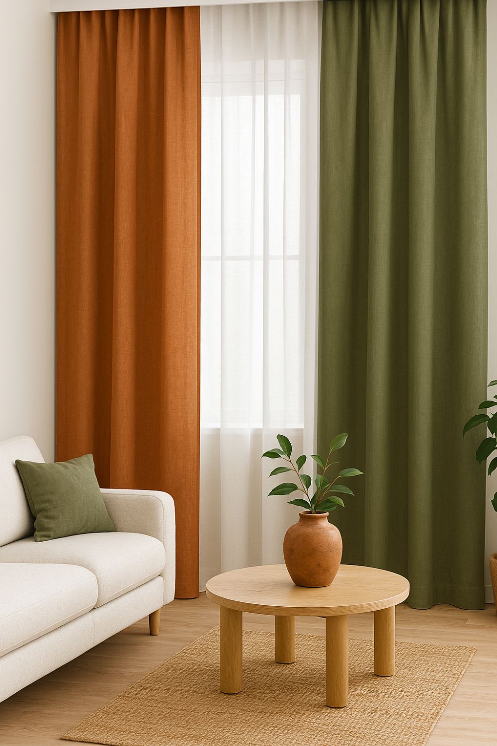 Living room with earthy terracotta and olive green curtains
