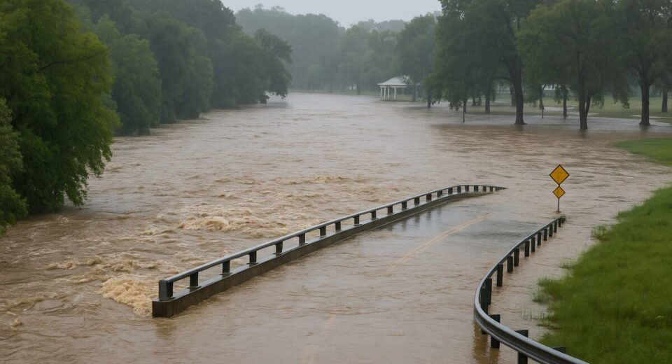 Flooded Guadalupe River submerges road and bridge in Kerrville, Texas