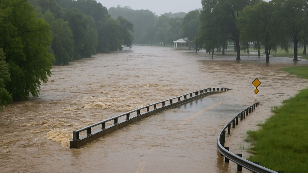 Flooded Guadalupe River submerges road and bridge in Kerrville, Texas