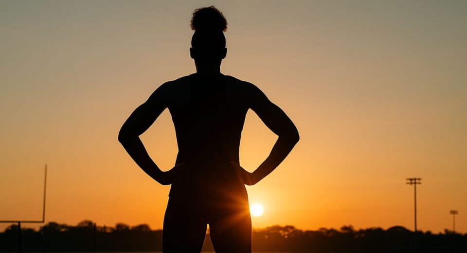 Confident athlete standing alone at sunrise on a training ground