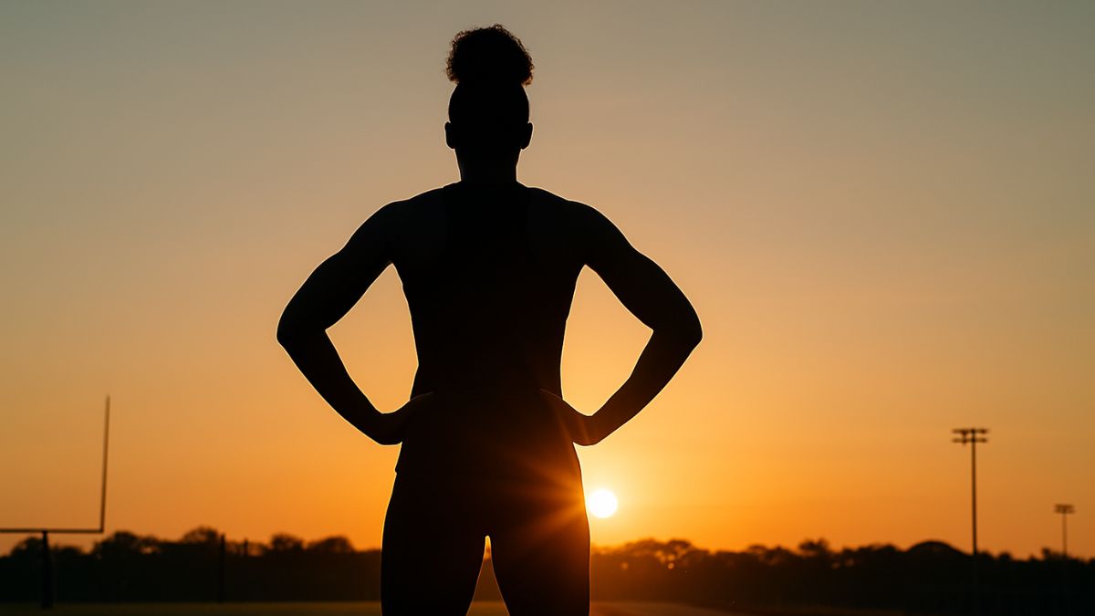 Confident athlete standing alone at sunrise on a training ground