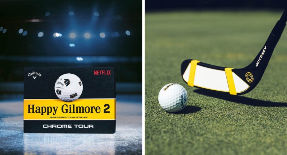 Happy Gilmore 2 Callaway Chrome Tour golf balls and Odyssey hockey stick putter side-by-side on ice and green.