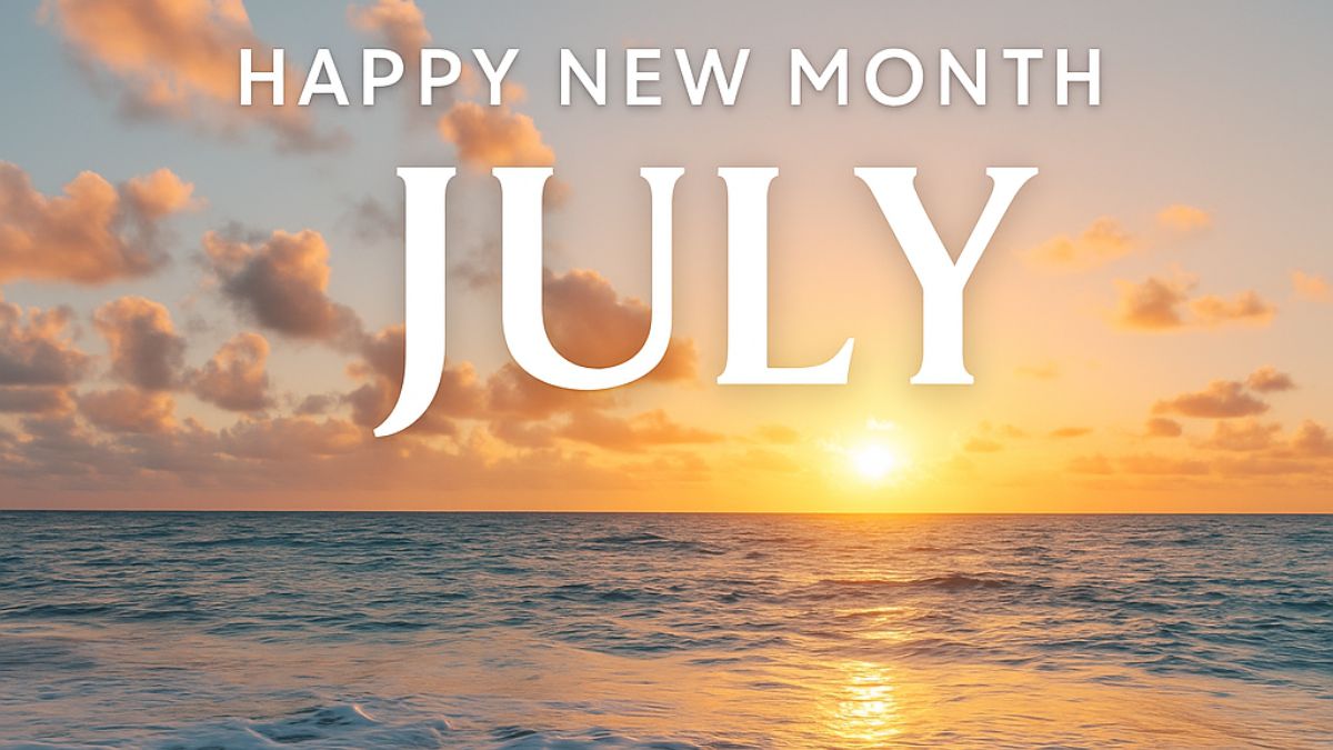 Beach sunrise with “Happy New Month July” text overlay