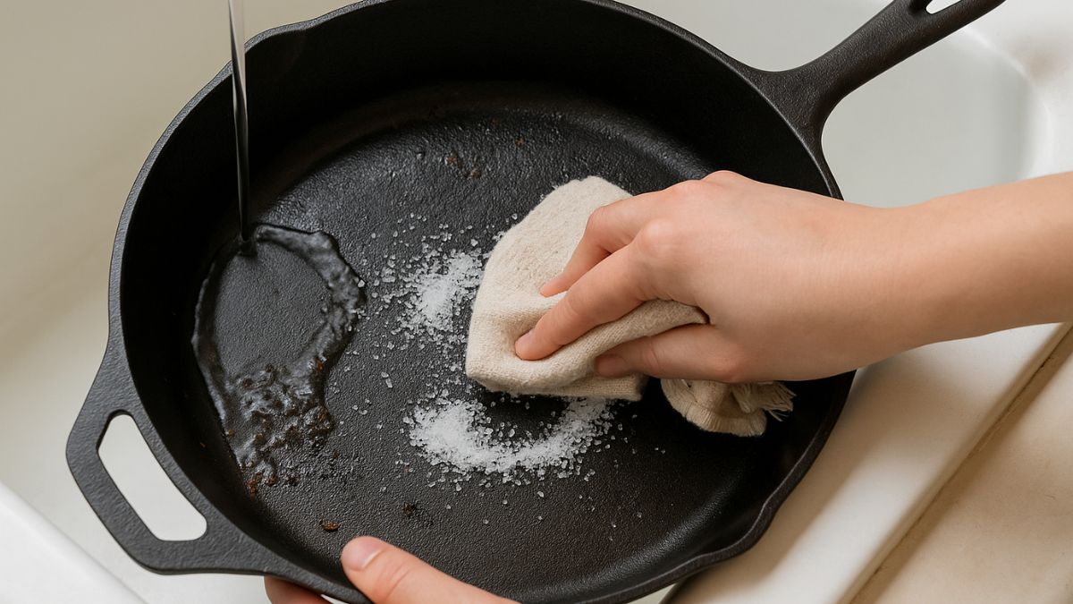 Person cleaning a cast iron skillet with salt and cloth