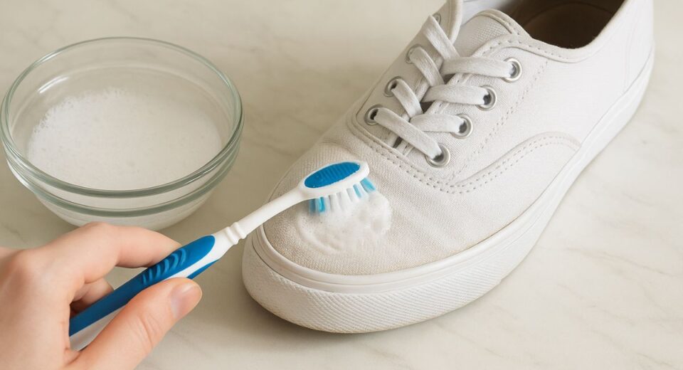Cleaning white shoes with toothbrush and baking soda
