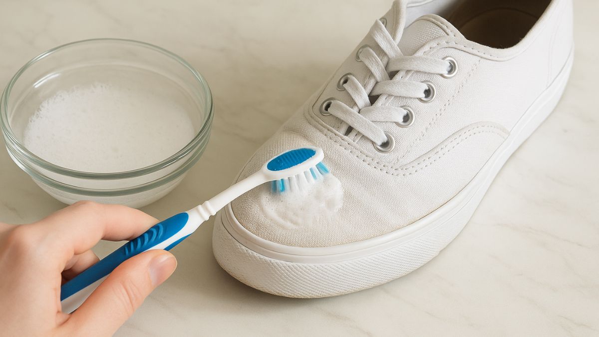Cleaning white shoes with toothbrush and baking soda
