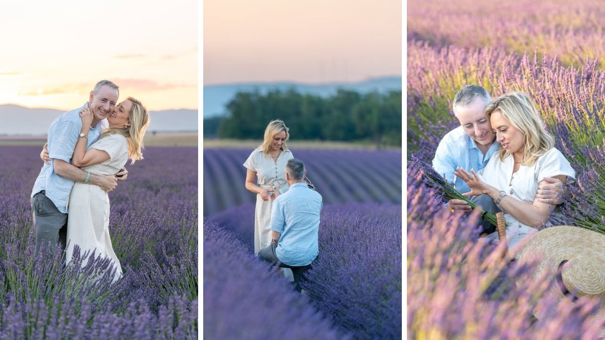 Jacqui Heinrich and Rep. Brian Fitzpatrick during their engagement in a lavender field in France